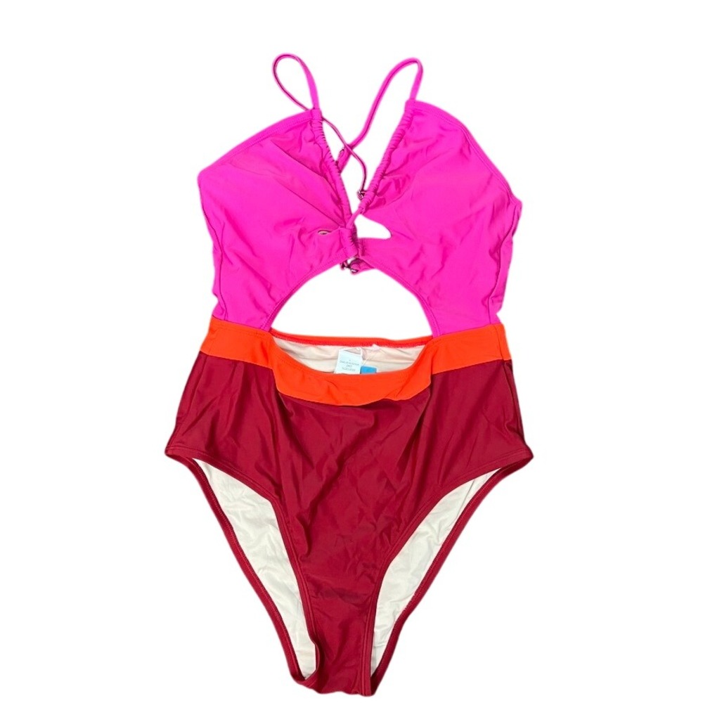 Color Block One Piece Swimsuit Pink Red Orange‎ Cut Out Accents Medium